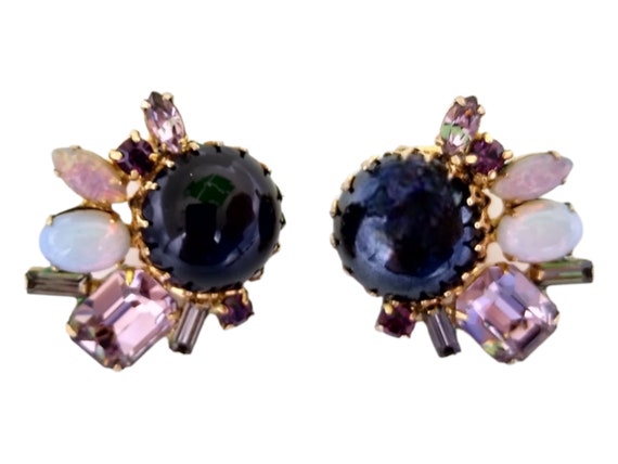 Rhinestone Bracelet Earrings Set, Black Cabochons… - image 2