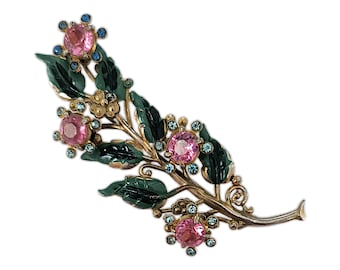 Pastel Rhinestone Brooch, Floral Design, Enameled Pot Metal Brooch