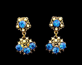 Royal Blue Rhinestone Earrings: Vintage Gold Tone Screw Back Dangly Earrings