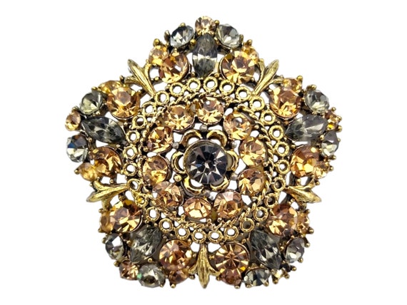 Rhinestone Brooch, Light Brown and Light Gray Rhi… - image 1