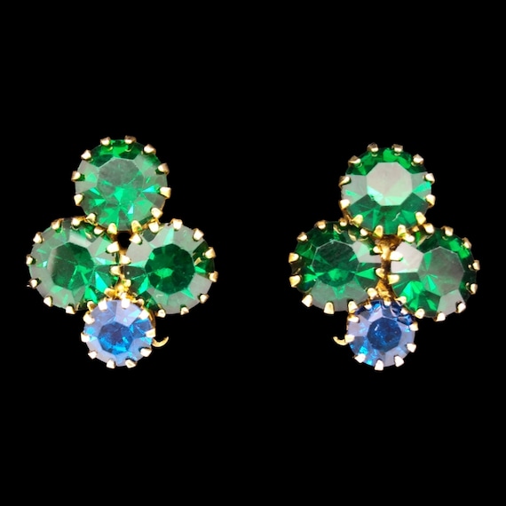 Green Blue Rhinestone Earrings, Emerald Green and 