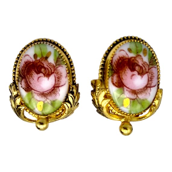 Whiting & Davis Rhinestone Earrings, Painted Flora
