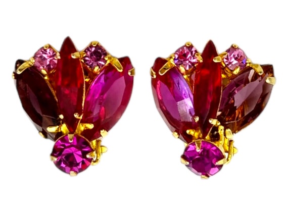 Pink Rhinestone Earrings, Purple Red Pink Rhinest… - image 1