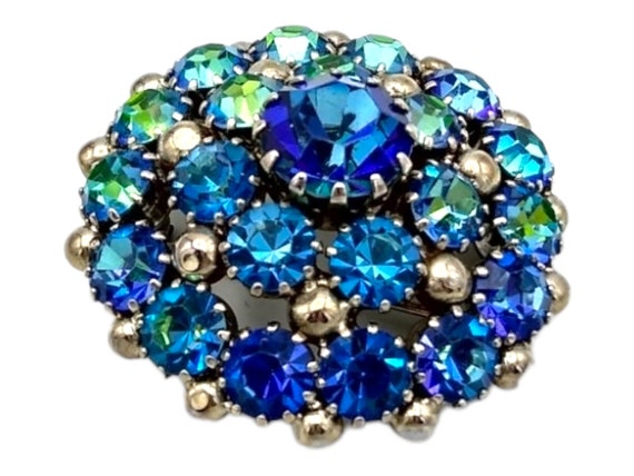 Weiss Rhinestone Brooch, Heliotrope Blue Green Pu… - image 4