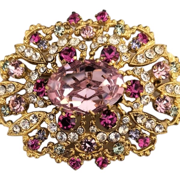 Signed Austria Brooch, Pink, Lavender and Blue-Green Rhinestones, Icy Crystal Stones, Intricate Design