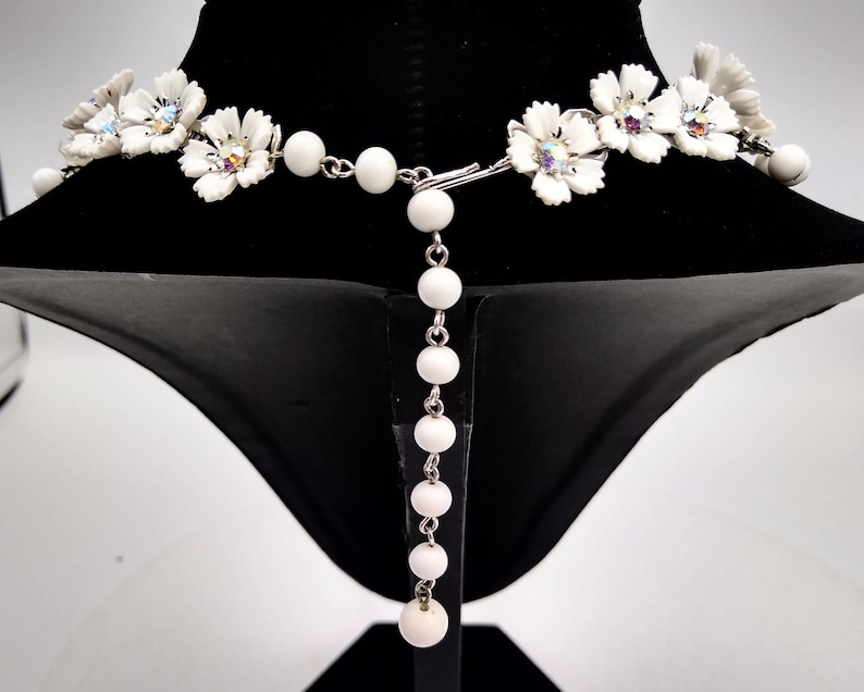 ON SALE Adorable White Flowers With Aurora Borealis Rhinestones and Dangly White Beads Necklace!