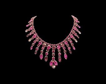 Vintage Rhinestone Bib Necklace: Fuchsia, Purple, Lavender