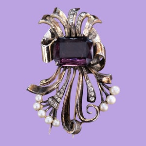 Signed R DeRosa Sterling Fur Clip Brooch, Purple Glass and Clear Rhinestones and White Pearls!