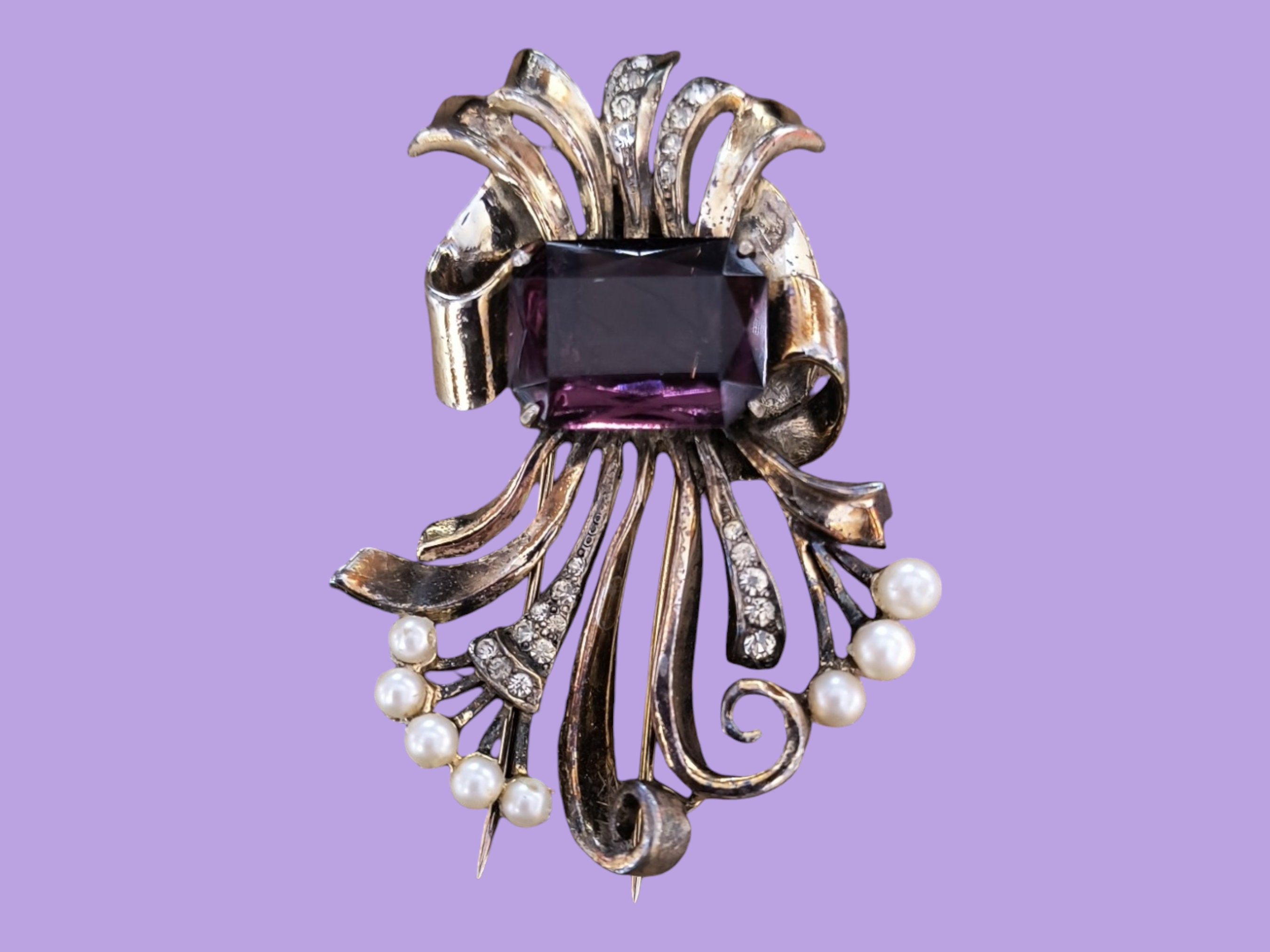 Signed R Derosa Sterling Fur Clip Brooch, Purple Glass and Signed R Derosa Sterling Fur Clip Brooch, Purple Glass and