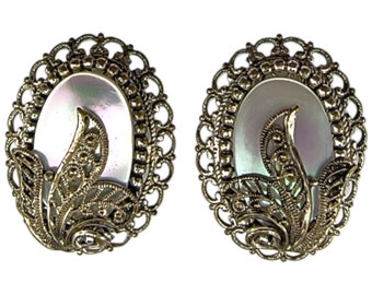 MOP Clip Earrings, Large Oval Mother of Pearl Discs, Ornate Silver Tone Filigree!