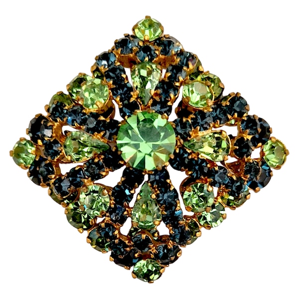 Austrian Rhinestone Brooch, Signed Made in Austria, Navy Blue, and Peridot Green Rhinestones, Layered Rhinestone Brooch!