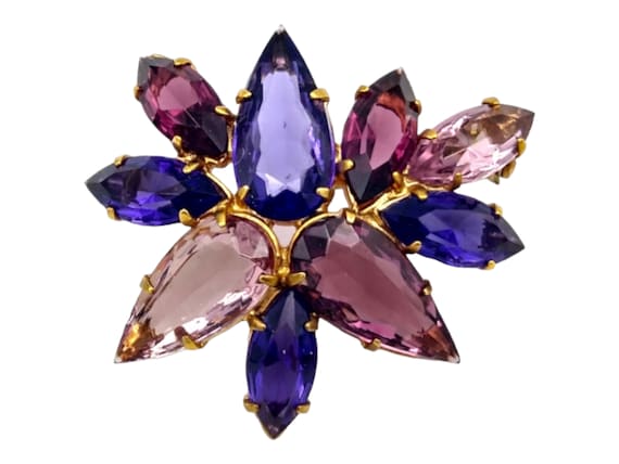 Purple Rhinestone Brooch, Exquisite Elongated Pea… - image 1