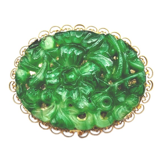 Green Brooch! Green Carved Resin Jade-Like Rhines… - image 1