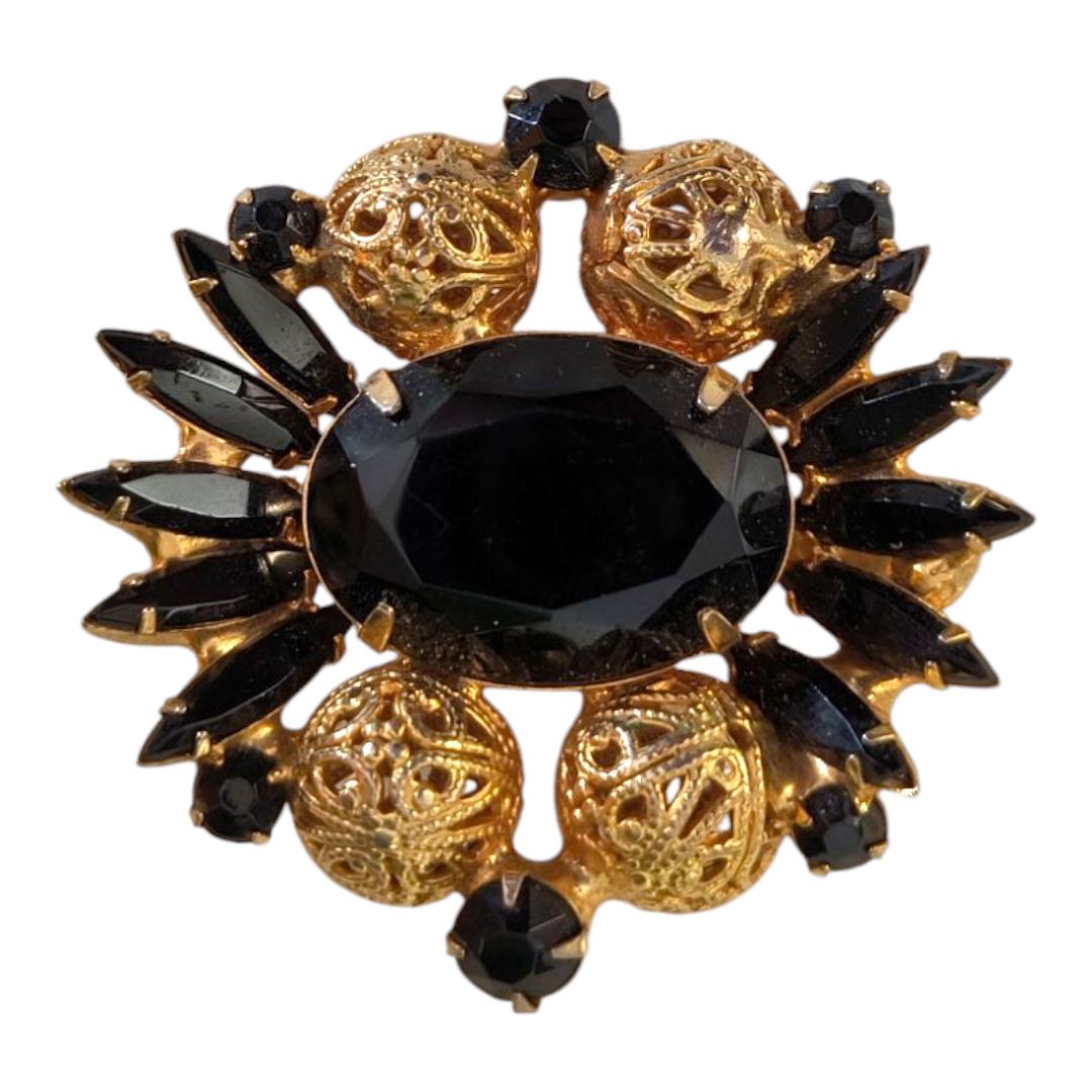 Christiana Schwarze Glasstrass Brosche mit goldfarbenen filigranen Kugeln