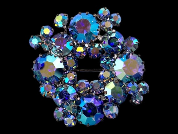 Blue Rhinestone Brooch, Vivid Blue Aurora Boreali… - image 1