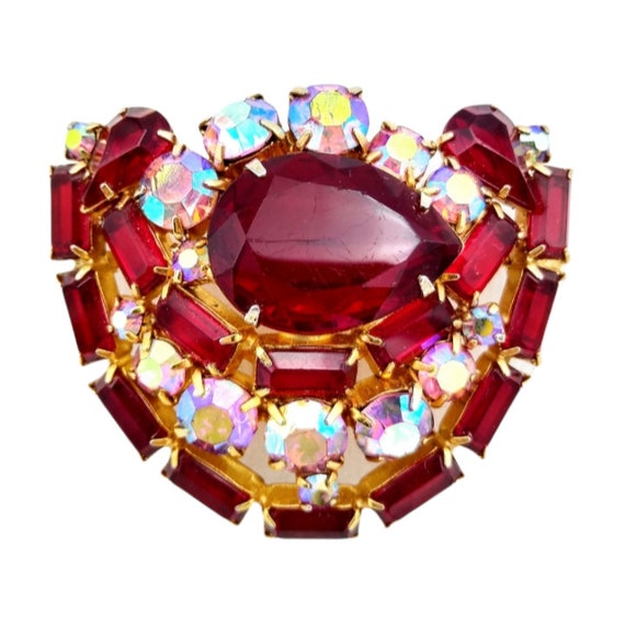 Red Rhinestone Brooch: Ruby & Aurora Borealis Sto… - image 1