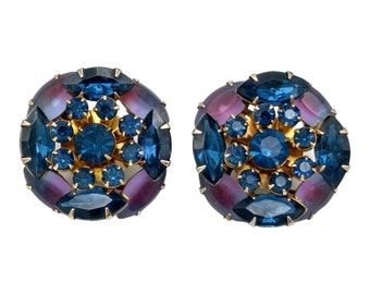 Blue and Purple Rhinestone Earrings, Dark Sapphire Blue Rhinestones and Purple Givré Frosted Satin Glass Clip Earrings!