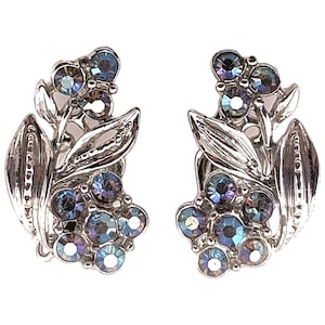 Vintage Blue Aurora Borealis Rhinestone Floral Clip Earrings