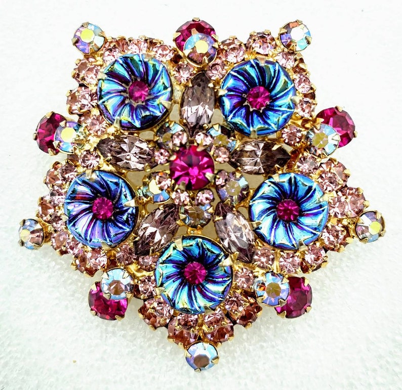Art Glass and Aurora Borealis Rhinestone Brooch Juliana Pink Rhinestones