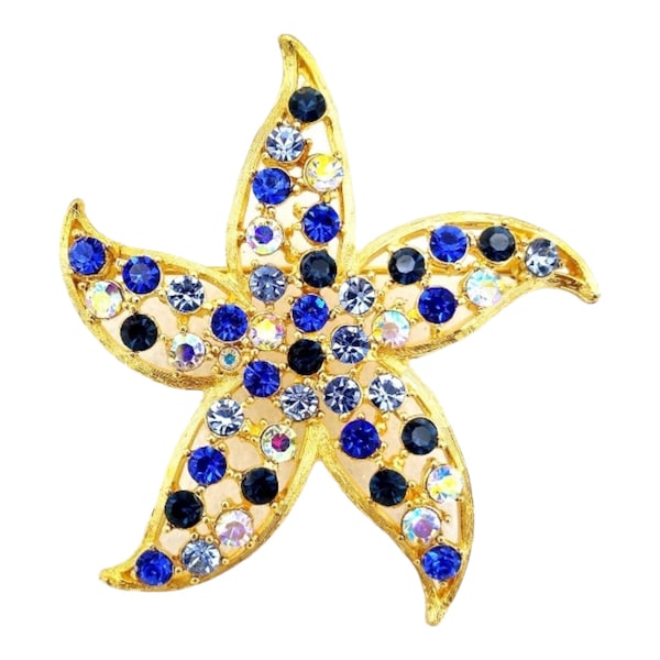 Gorgeous Lee Angel Starfish Brooch! Blue Rhinestones and Aurora Borealis!