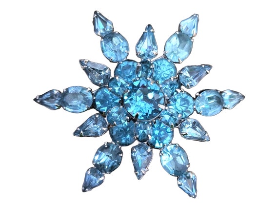 Huge Blue Snowflake Brooch, Aqua Blue Rhinestones… - image 1