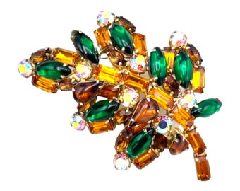 Rhinestone Leaf Brooch, Golden Yellow Baguettes, Aurora Borealis Chatons, Green Brown Cabochons, and Brown Rhinestones!