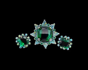 Green Rhinestone Brooch Earrings Set: Emerald Art Glass, Aurora Borealis