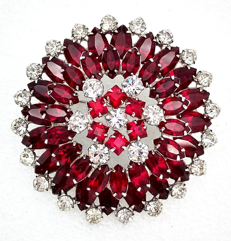 Very Fine Quality! ON SALE Bold Red and Icy Crystal Rhinestone Brooch