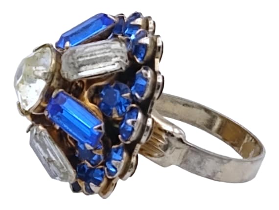 Adjustable Rhinestone Ring, Royal Blue and Clear … - image 3