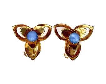 Rhinestone Earrings, Blue Moonstone Triskelion Clip Earrings in Gold Tone Metal!