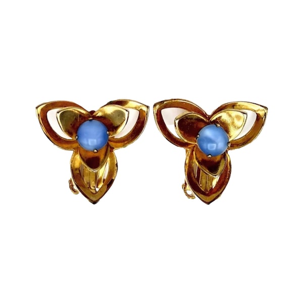 Rhinestone Earrings, Blue Moonstone Triskelion Clip Earrings in Gold Tone Metal!