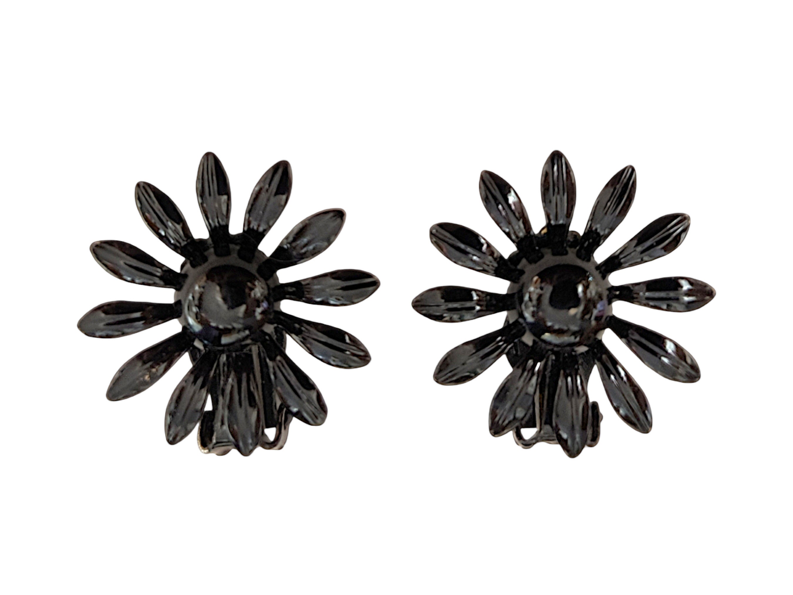 Black Metal Flower Clip Earrings, Black Painted Metal