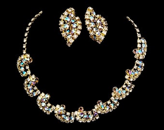 Rhinestone Necklace Earrings Set, Gorgeous Aurora Borealis and Icy Crystal Rhinestone Necklace and Clip Earrings Set!