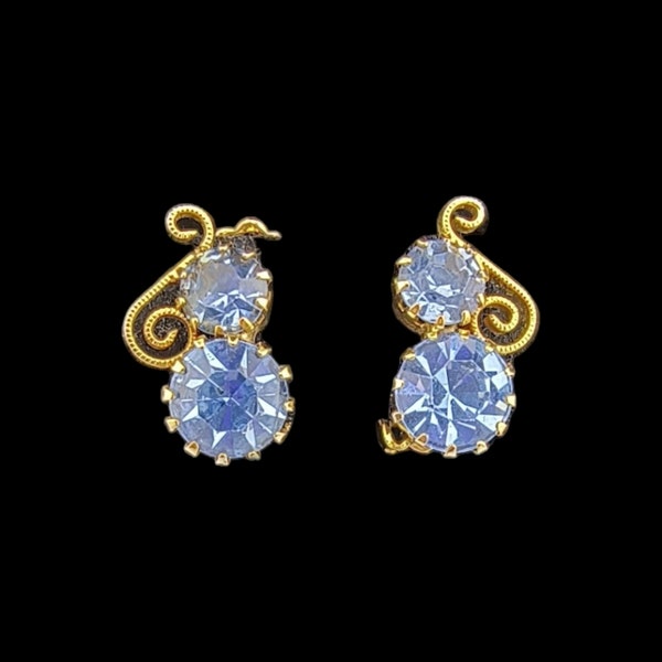 Blue Rhinestone Clip Earrings, Blue Rhinestones, Gold Tone Scrolled Flourishes!