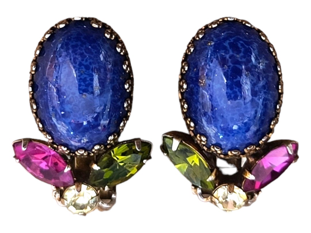 Blue Cabochon Clip Earrings, Huge Marbled Blue Cabochons With Fine Gold