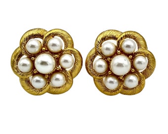 Napier Pearl Earrings, Signed Napier Clip Earrings, Minty! Gold Tone and Pearl Flowers!
