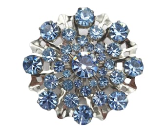 Blue Rhinestone Brooch, Baby Blue Rhinestone Flower Brooch with Fluted and Pierced Silver Tone Metal Base, Pristine!