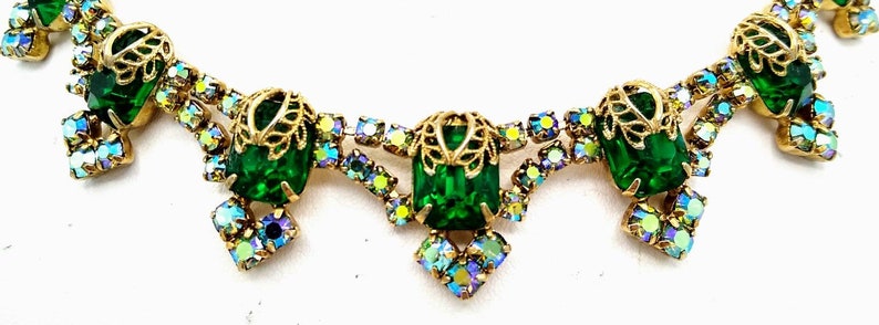 Earrings Set with Filigree Leaves Clamper Bracelet Blue Aurora Borealis Rhinestones Necklace Verified Juliana Green Rhinestone Parure