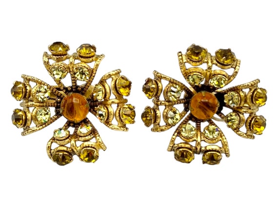 Schreiner Earrings, Yellow Rhinestones and Topaz … - image 1