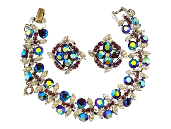 Purple Rhinestone Bracelet and Clip Earrings Set,… - image 1