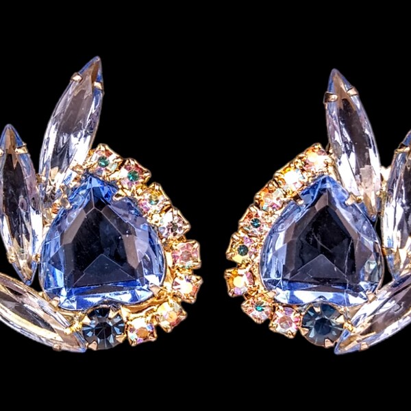 Juliana Rhinestone Earrings, Blue Heart Shaped Rhinestones, Large Blue Skinny Navettes, Aurora Borealis Clip Earrings!