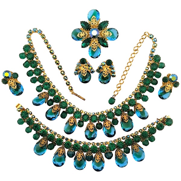 Juliana Rhinestone Set, Full Parure, Teal Blue Green Dangly Beads, Emerald Green Rhinestones, Emerald Aurora Borealis Rhinestones!