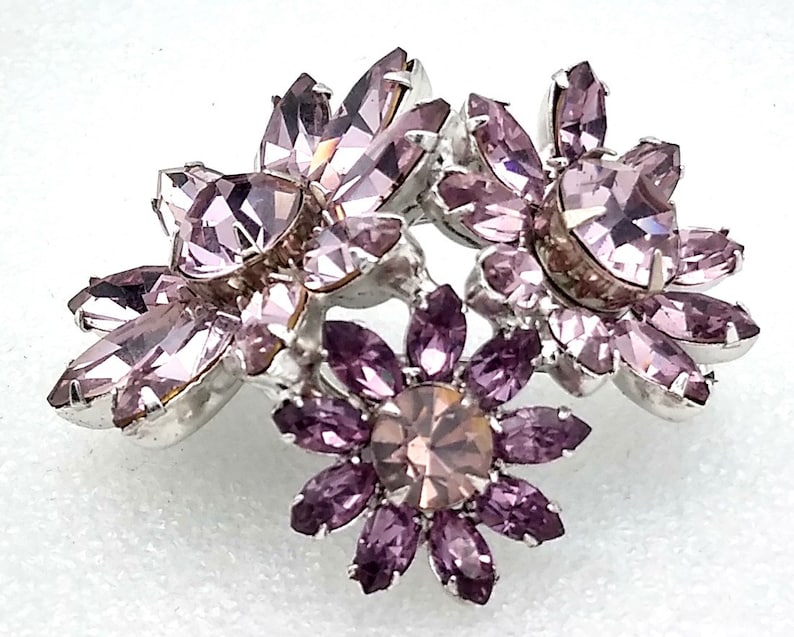 ON SALE Sparkly Lavender Rhinestone Triple Flower Brooch!