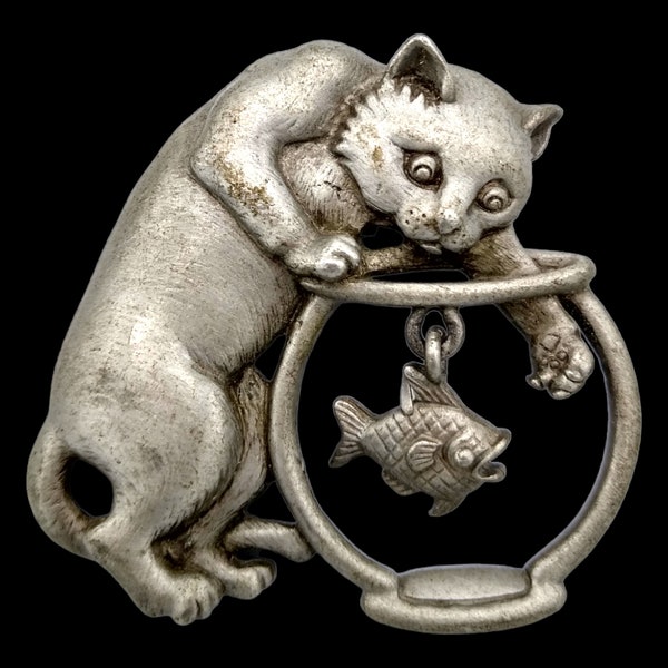 Signed JJ Pewter Brooch, Cat Paw in a Fish Bowl, Super Fun Brooch, Fish Dangles!