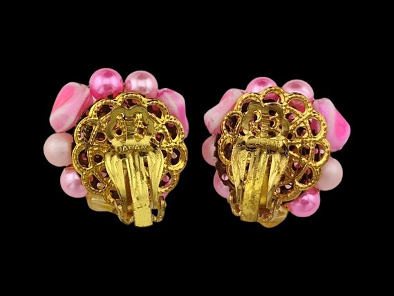 Bright Pink Earrings, Pink and Yellow Beaded Clus… - image 2