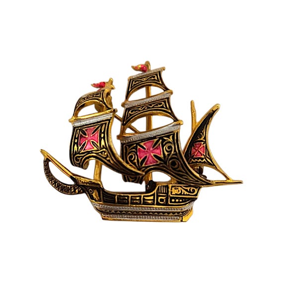 Signed Spain, Damascene Spanish Galleon Ship Brooch