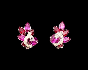 Pink & Red Rhinestone Clip Earrings: Silver Tone Icing Swirls