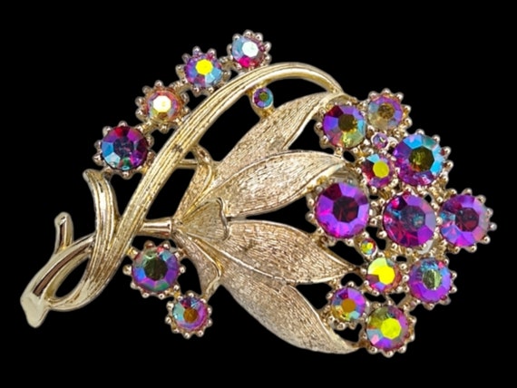 Signed Coro Rhinestone Brooch, Red Aurora Boreali… - image 2