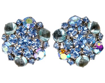 Blue Rhinestone Earrings, Huge Blue Rhinestone, Cabochons and Aurora Borealis Clip Earrings Marked Pat Pend!