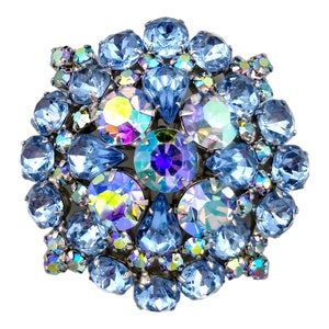 Blue Rhinestone Brooch, Light Blue Rhinestones, Blue Aurora Borealis Domed Rhinestone Brooch!